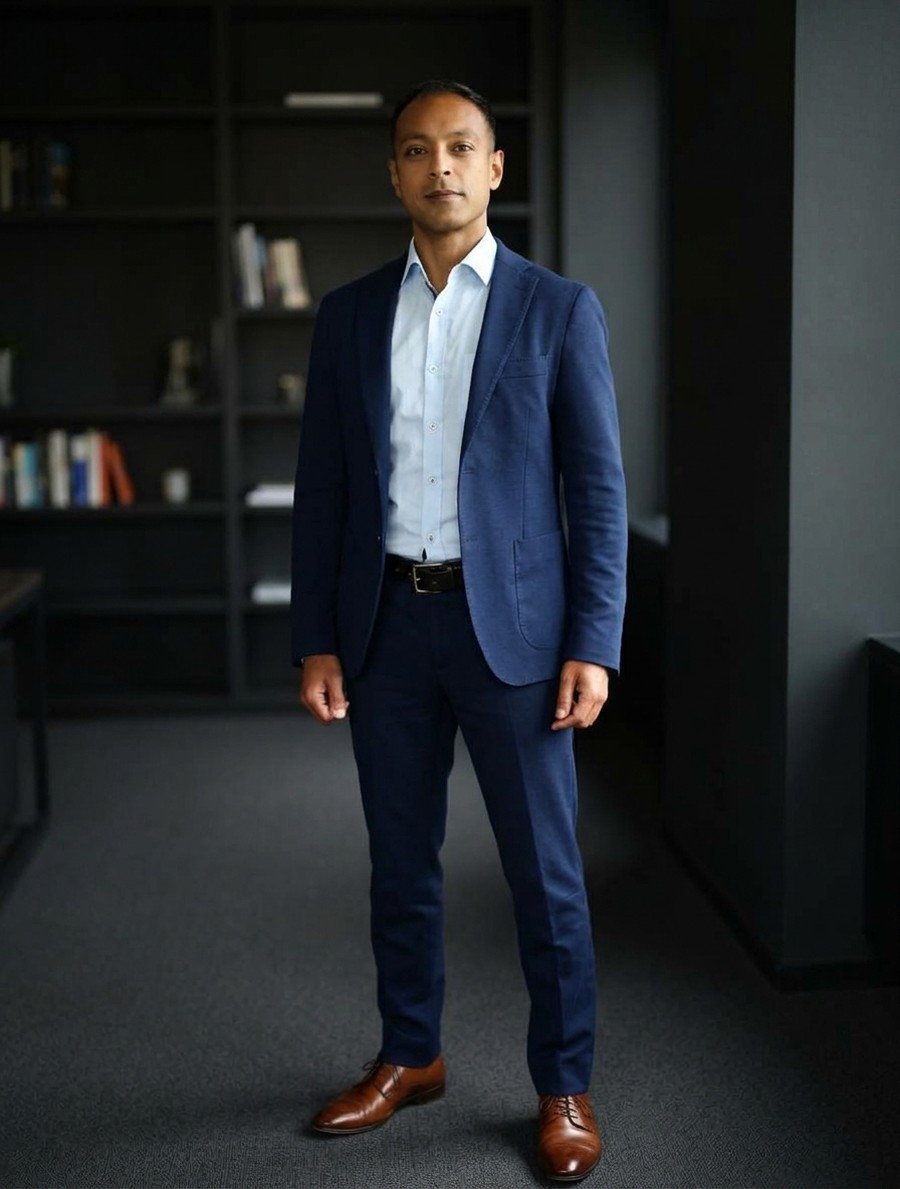 Adnan Kichlu standing in a navy blazer in an office with bookshelves